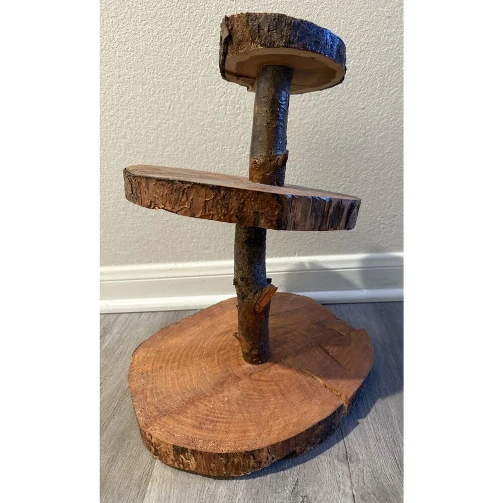 3 tiered Handcrafted Natural Tree Log Slices serving Stand Decorative Style